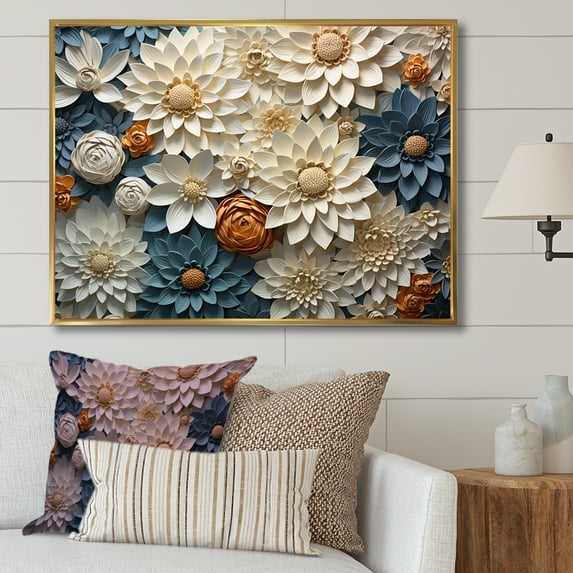 Designart "Blue Blooms Of Zinnias IV" Zinnias Floater Framed Canvas Wall Art