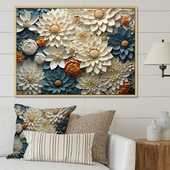 Designart "Blue Blooms Of Zinnias IV" Zinnias Floater Framed Canvas Wall Art