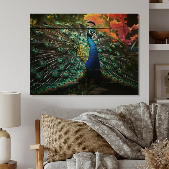 Designart "Blue Blue Indian Art Dancing Peacock" Indian Print on Natural Pine Wood