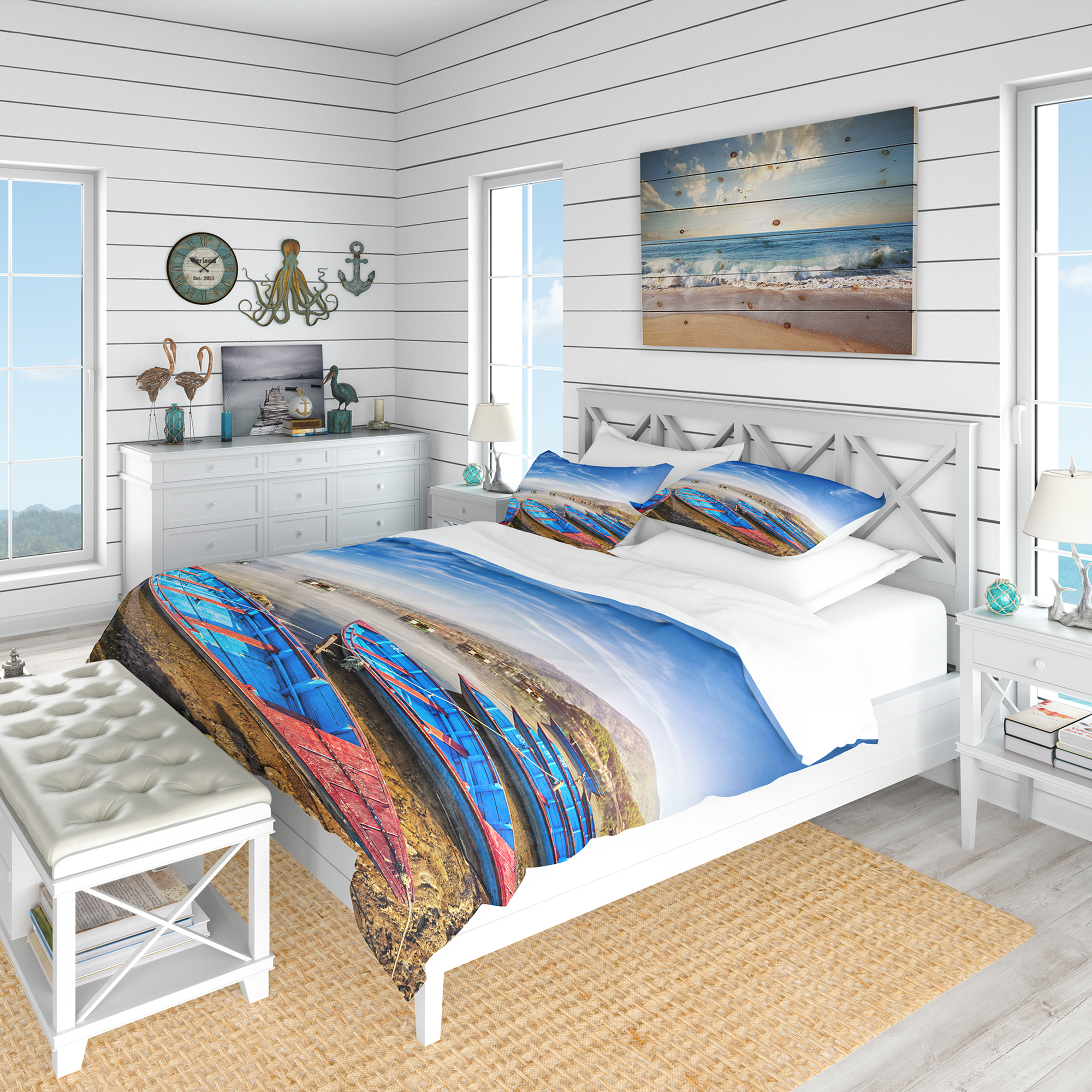 Designart 'Blue Boats Under Blue Sky' Coastal Duvet Cover Set