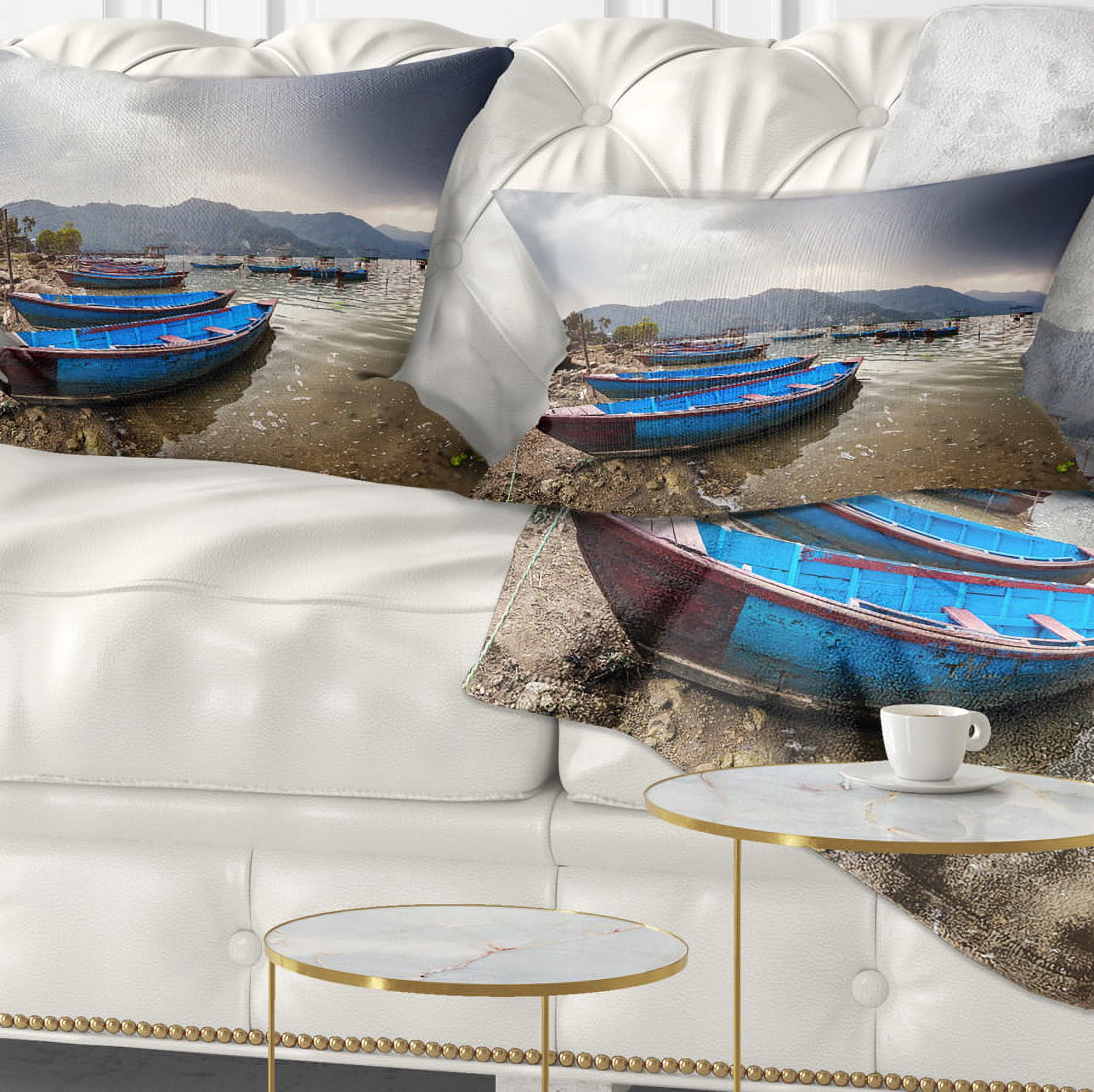 Designart Blue Boats in Pokhara Lake - Boat Throw Pillow - 12x20