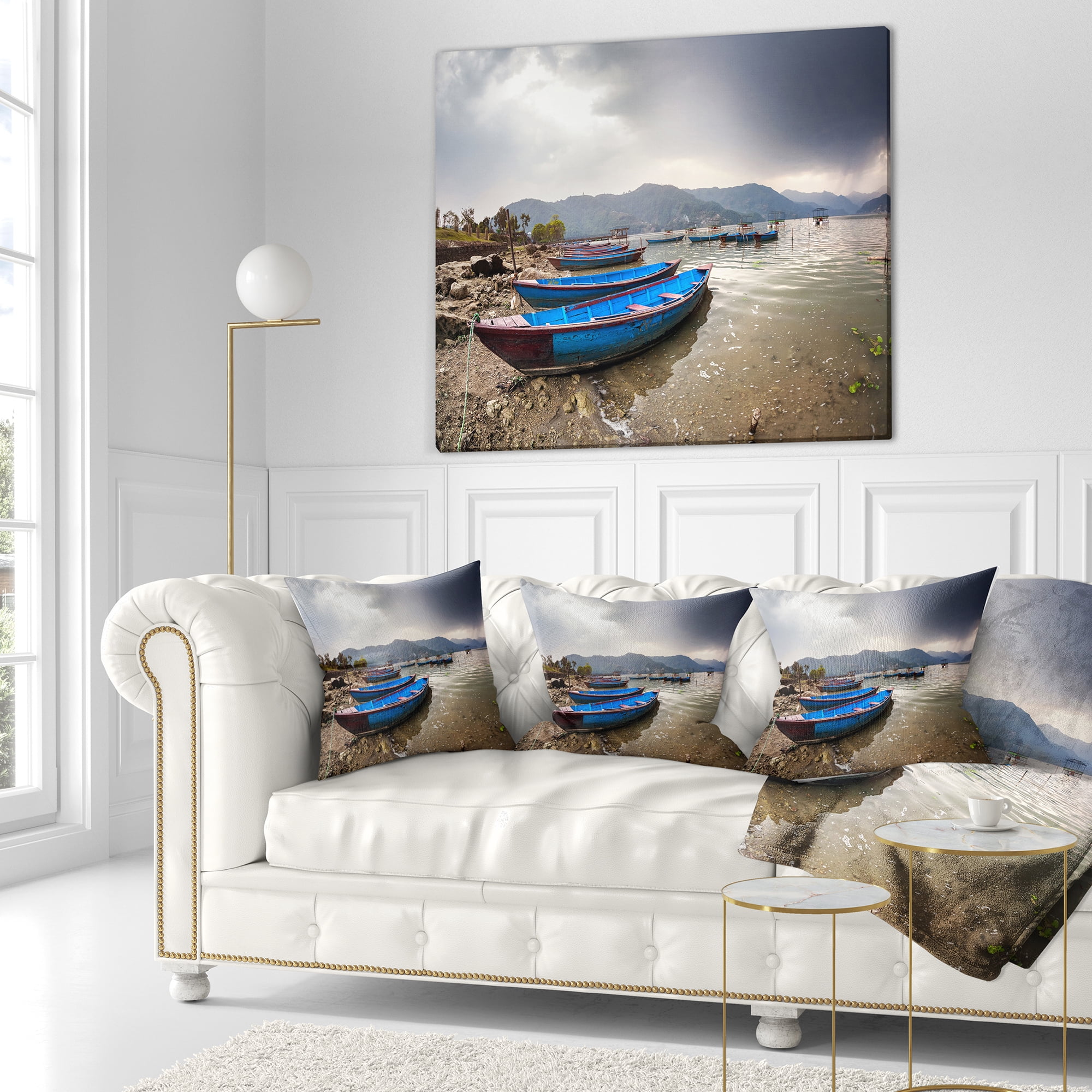 Designart Blue Boats in Pokhara Lake - Boat Throw Pillow - 16x16