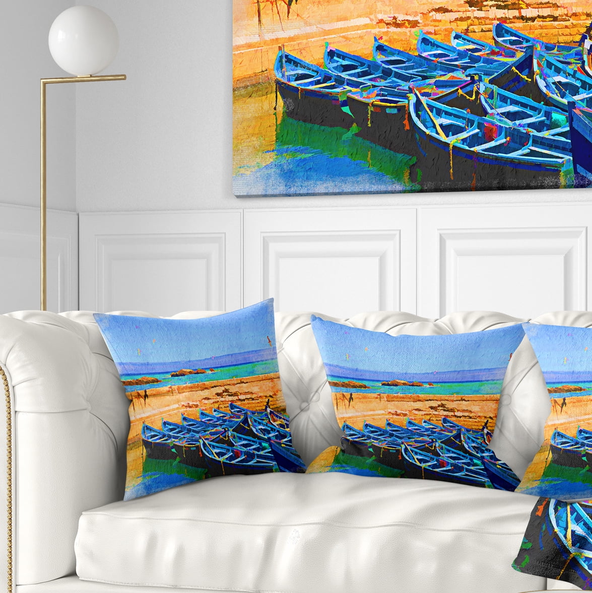Designart Blue Boats in Sea - Seascape Throw Pillow - 18x18