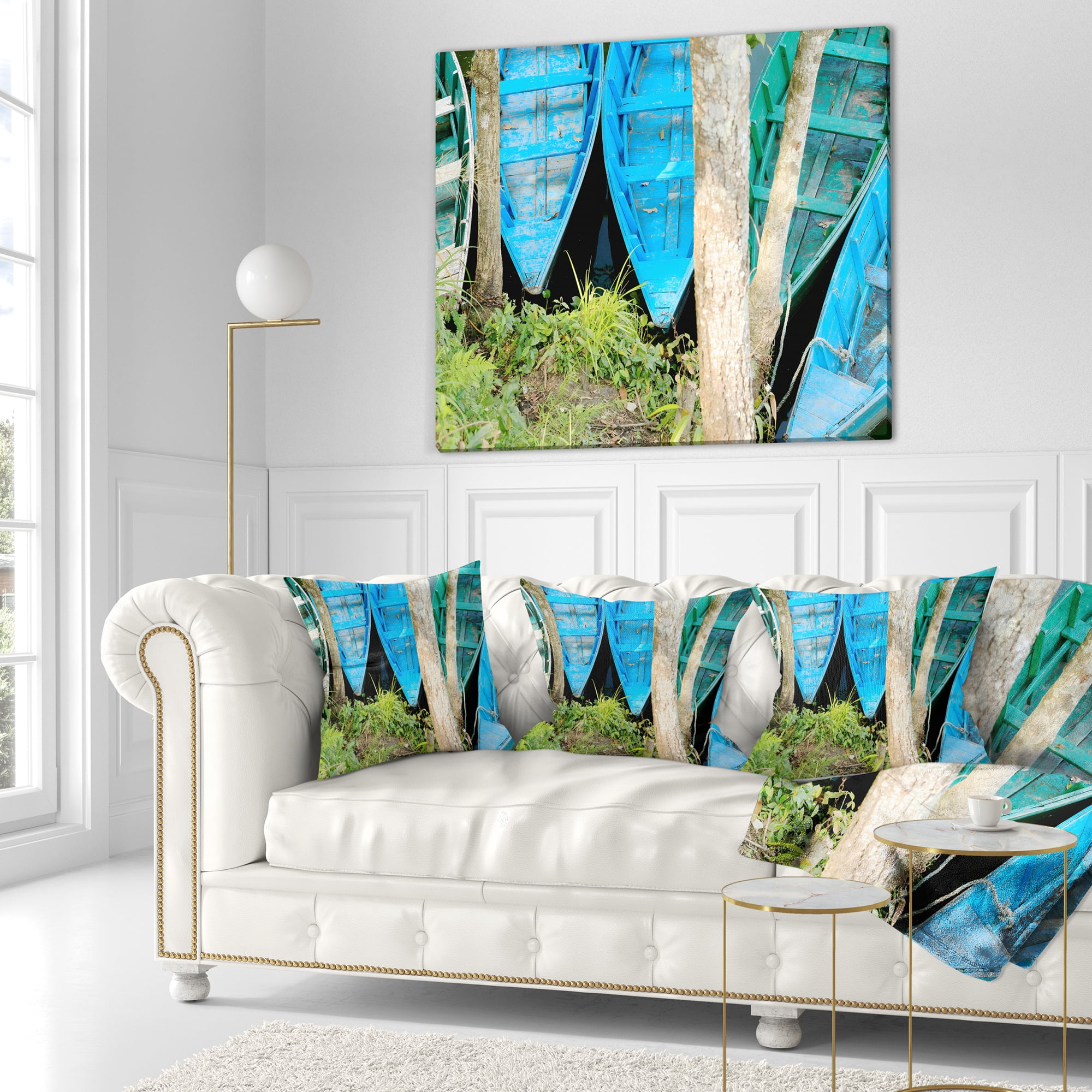 Designart Blue Boats on Lake Phewa - Boat Throw Pillow - 16x16