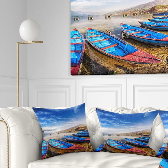 Designart Blue Boats under Blue Sky - Boat Throw Pillow - 16x16