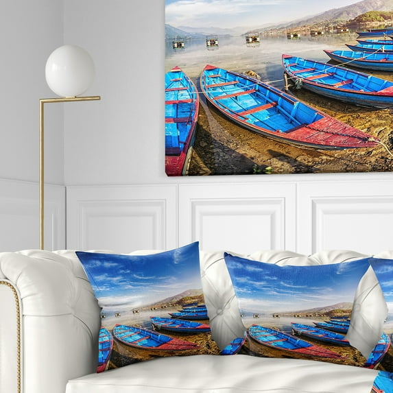Designart Blue Boats under Blue Sky - Boat Throw Pillow - 18x18