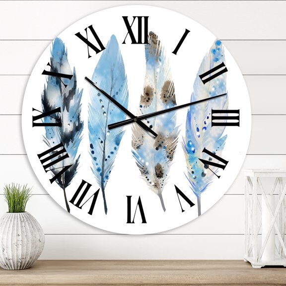 Designart 'Blue Boho Feathers I' Bohemian & Eclectic Wall Clock