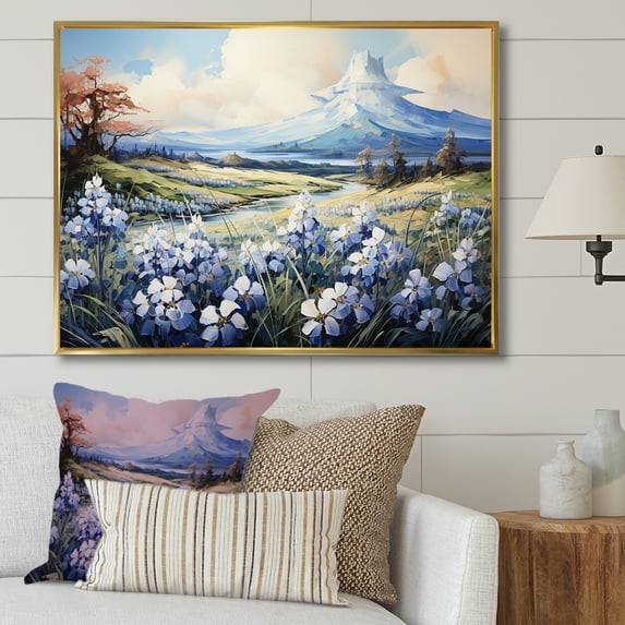 Designart "Blue Bonnets Allure In Mountains" Blue Bonnets Floater Framed Canvas Wall Art