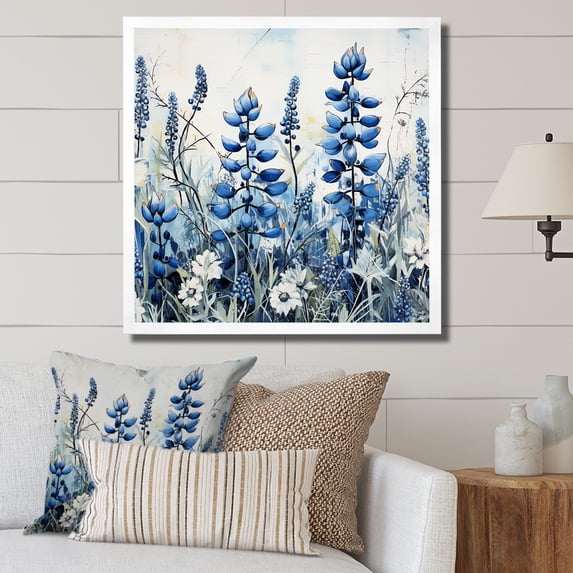 Designart "Blue Bonnets Blossom Mosaic I" Blue Bonnets Picture Framed Canvas Art Print