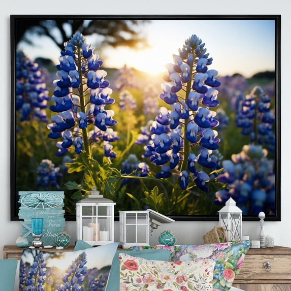 Designart "Blue Bonnets landscape Photo IV" Floral Floater Framed Wall Art Living Room