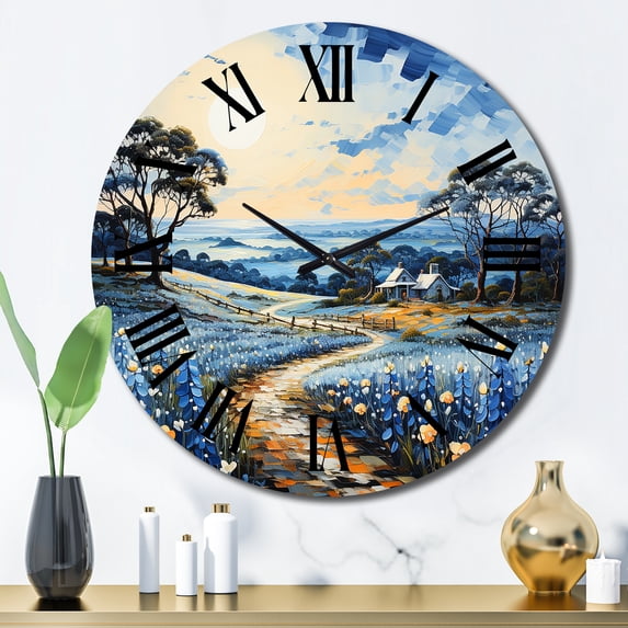 Designart "Blue Bonnets landscape Pointillism II" Floral Oversized Wall Clock