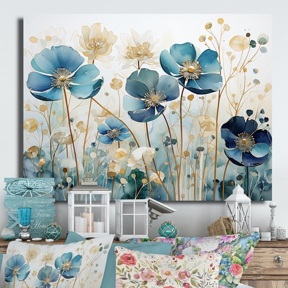 Designart "Blue Botanical flow III" Abstract Botanicals Metal Wall Art