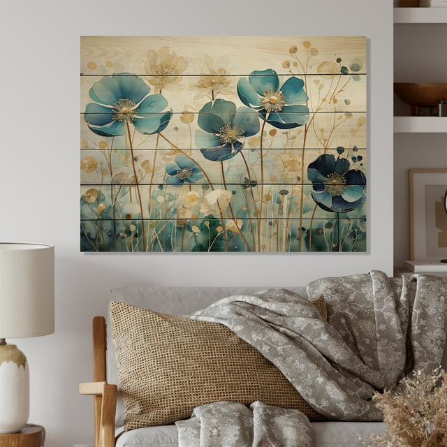 Designart "Blue Botanical flow III" Abstract Botanicals Print on Natural Pine Wood
