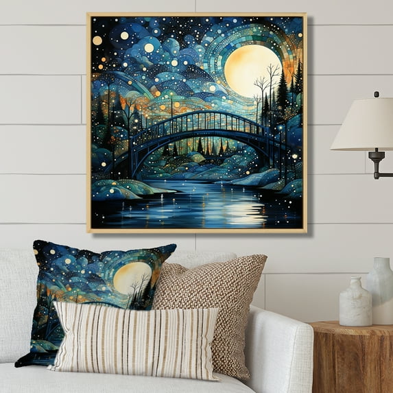 Designart "Blue Bridge Flowing Connections Pointillism II" Pointillism Floater Framed Wall Art Living Room