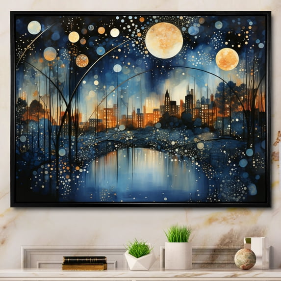 Designart "Blue Bridge Urban Reflections Pointillism" Architecture Floater Framed Canvas Print