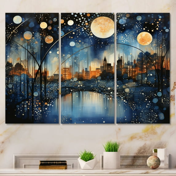 Designart "Blue Bridge Urban Reflections Pointillism" Architecture Metal Wall Art Set