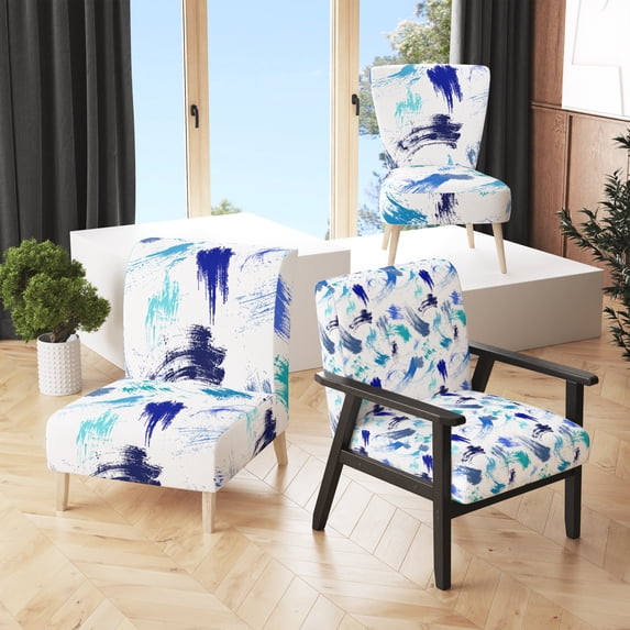 Designart "Blue Bright Strokes Pattern III" Upholstered Patterned Accent Chair and Arm Chair