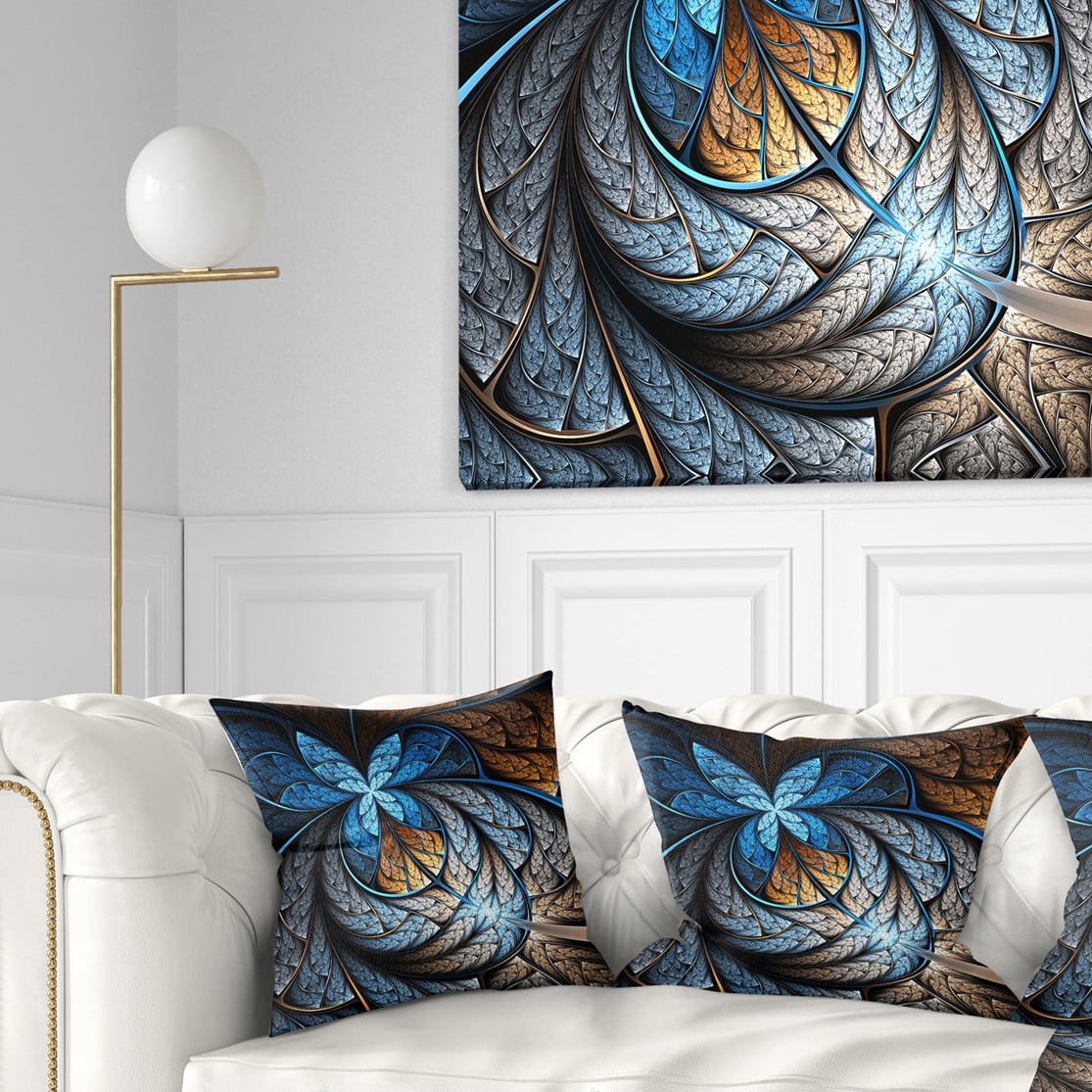 Designart Blue Brown Fractal Flower Pattern - Floral Throw Pillow - 18x18
