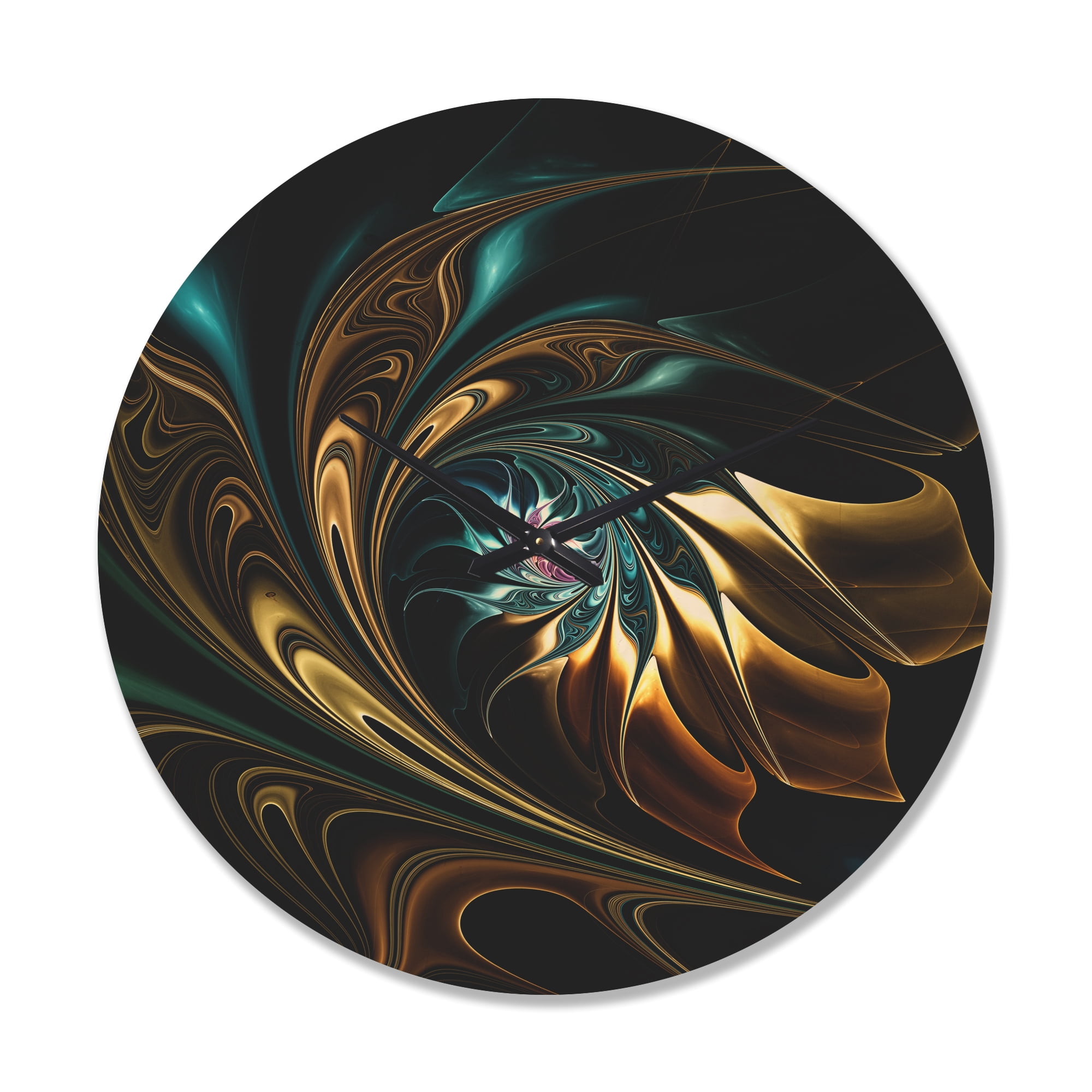 Designart 'Blue Brown Fractal Flower in Black' Modern Wood Wall Clock