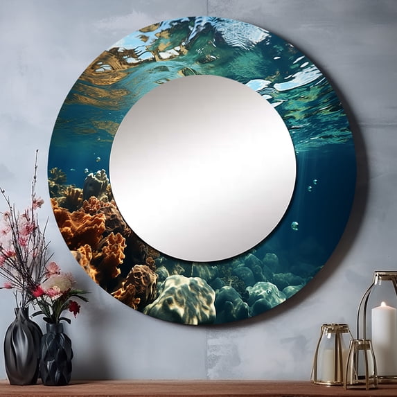 Designart "Blue Brown Ocean Marine Majesty Under Water" Landscapes Teal Large Round Mirror - Round Bedroom Mirror Wall Decor - Coastal Round Printed Mirror - 23" x 23"