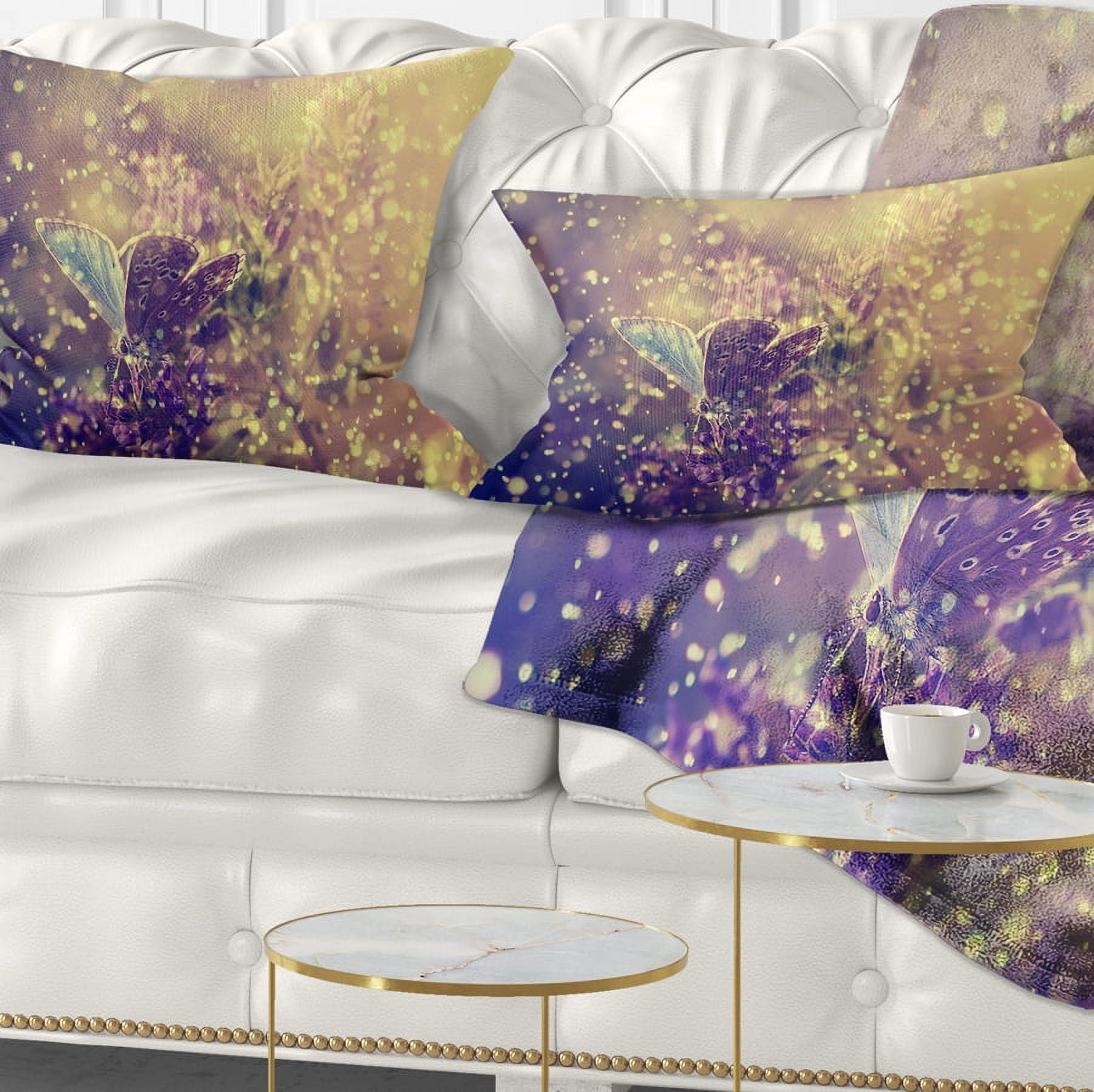 Designart Blue Butterfly And Purple Flowers - Floral Throw Pillow - 12x20