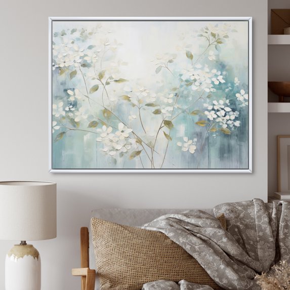 Designart "Blue Calm Gardens I" Abstract Botanicals Floater Framed Canvas Wall Art