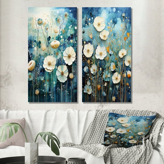 Designart "Blue Calm Gardens III" Abstract Botanicals Wall Art Set Of 2 - Blue Floral Canvas Set For Living Room Decor