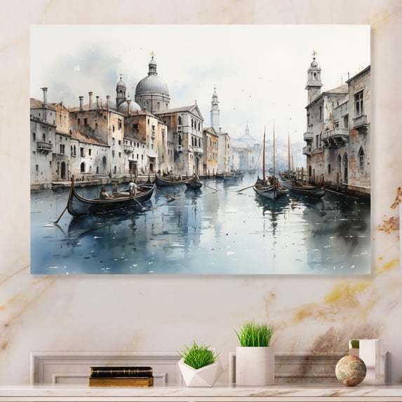 Designart "Blue Canal City Venice Charcoal" Canals Metal Wall Art