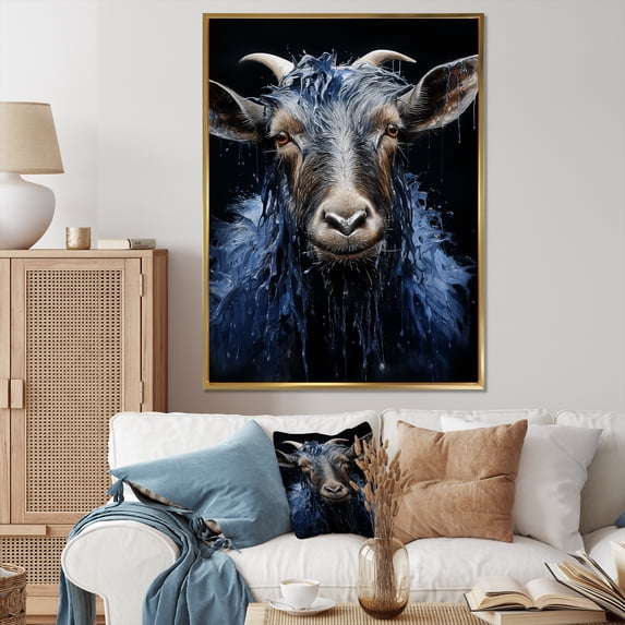 Designart "Blue Celestial Goat" Animals Framed Wall Art - Traditional Blue Goat Bedroom Framed Canvas Wall Art