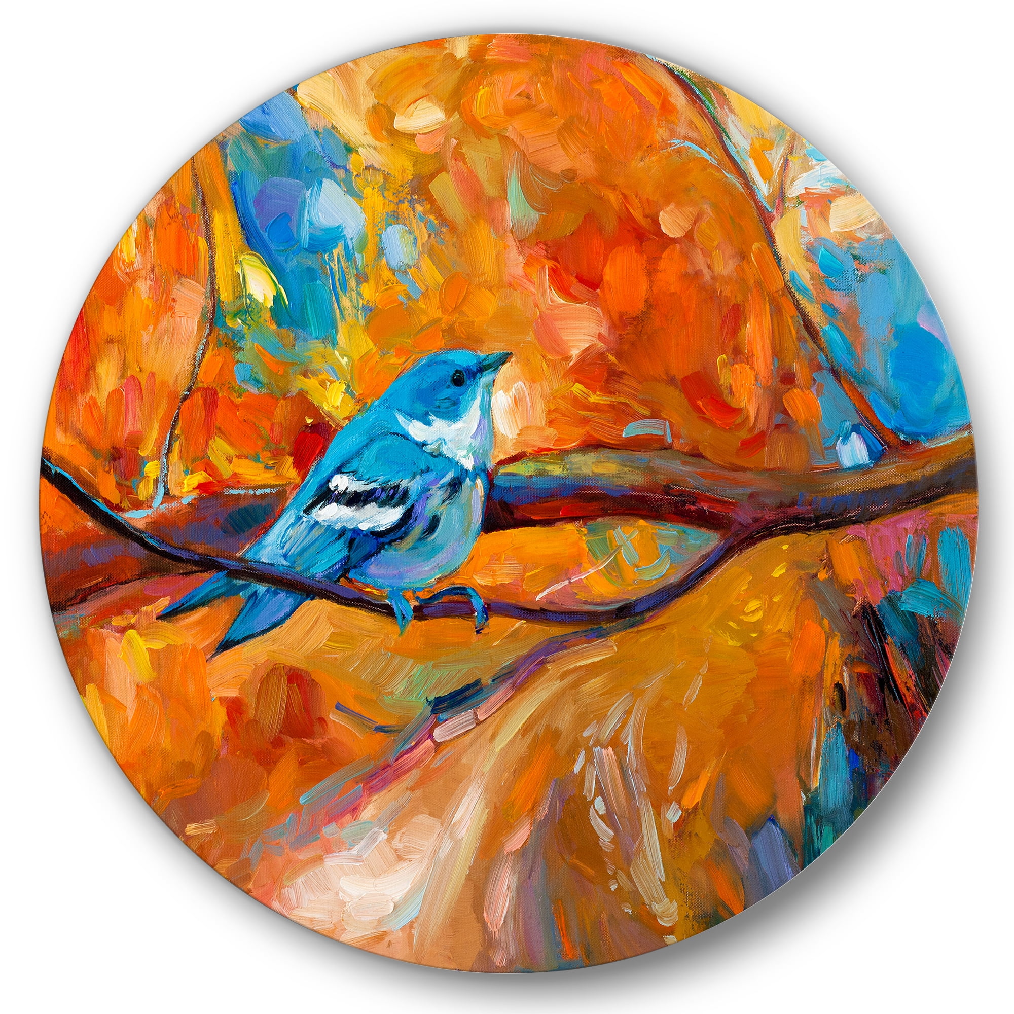 Designart 'Blue Cerulean Warbler Bird Sitting On A Branch' Traditional Circle Metal Wall Art 23x23 - Disc of 23