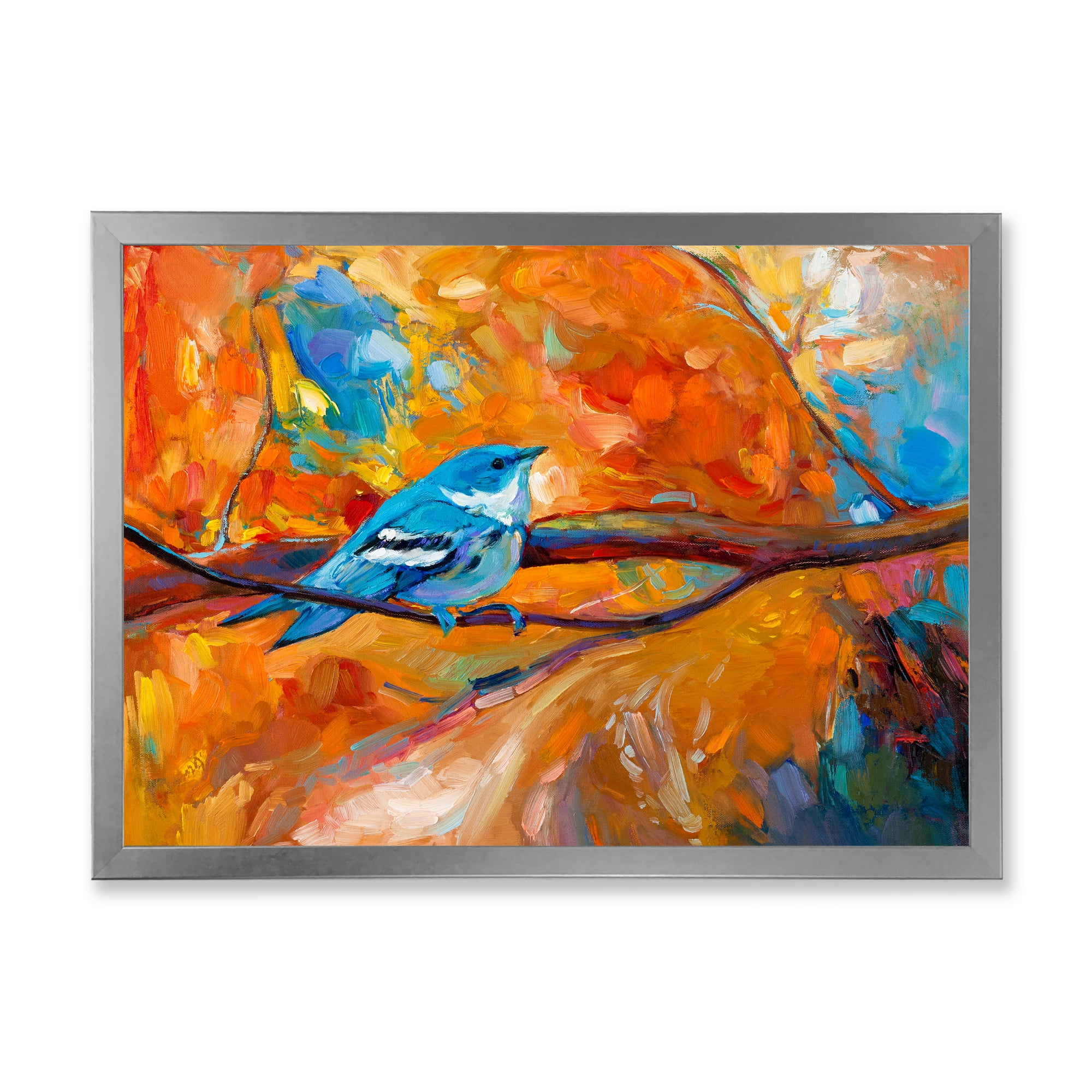 Designart 'Blue Cerulean Warbler Bird Sitting On A Branch' Traditional Framed Art Print