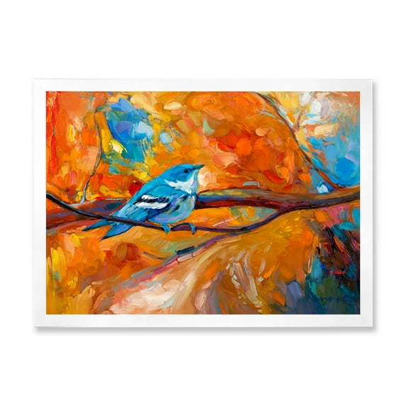 Designart 'Blue Cerulean Warbler Bird Sitting On A Branch' Traditional Framed Art Print