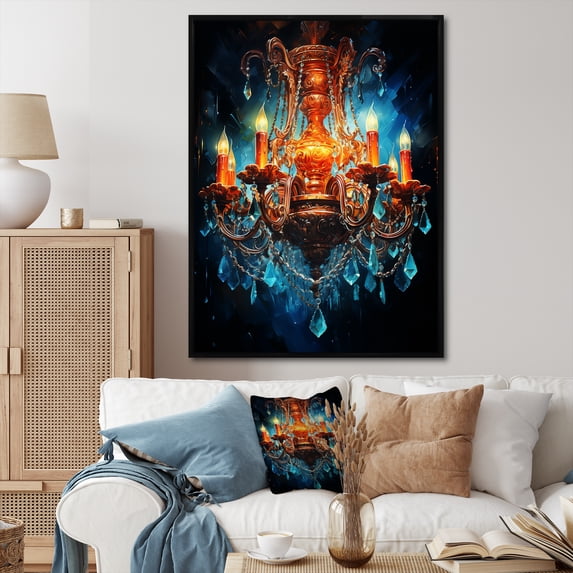 Designart "Blue Chandelier Elegance" Fashion Framed Wall Art - Glam Blue Chandelier Hallway Framed Wall Art Decor