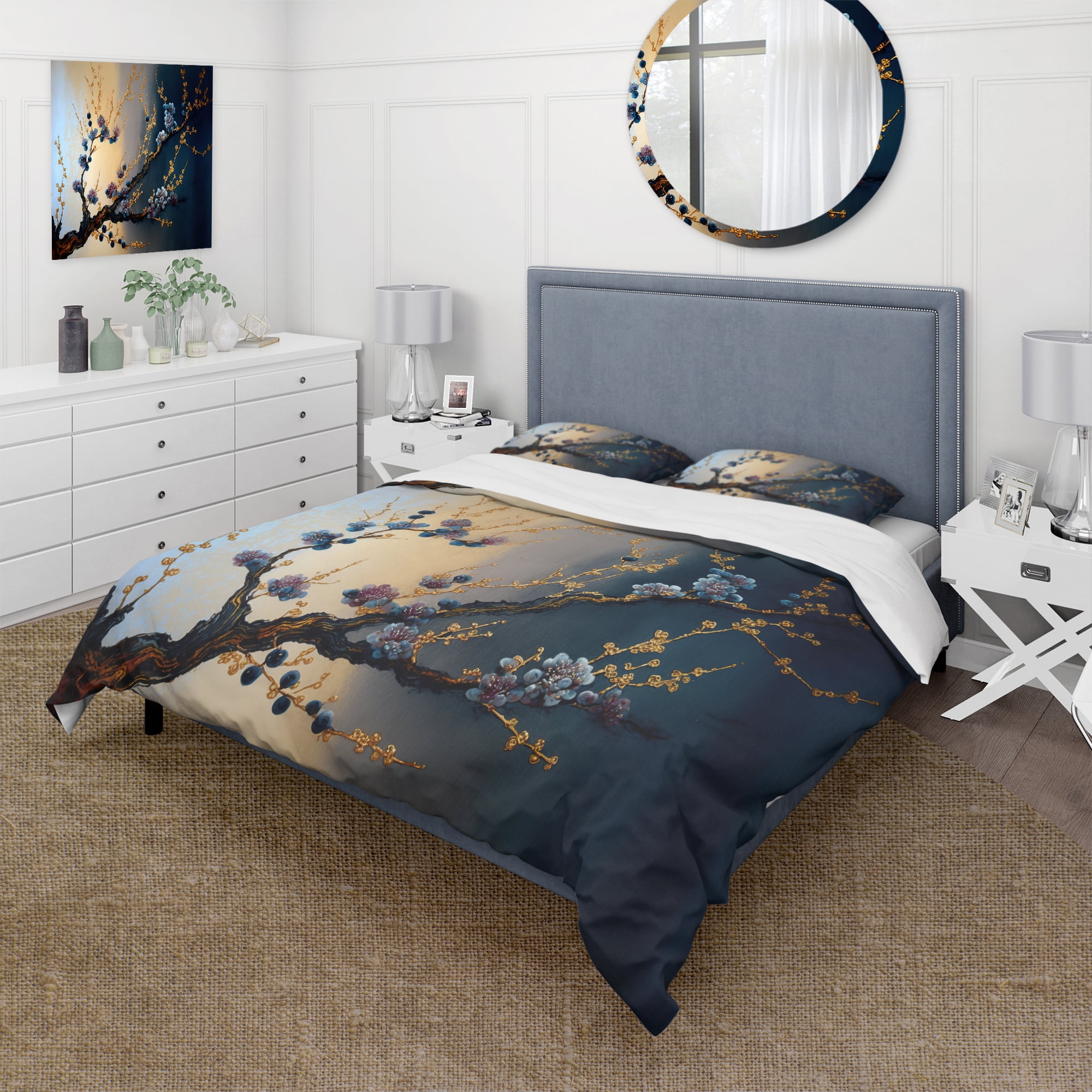 Twin Blue Cherry Blossom Branch Microfiber Polyester Bedding Set