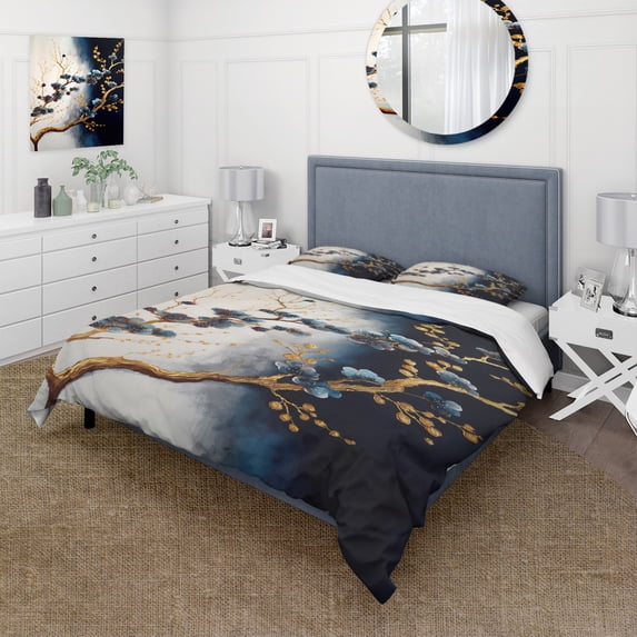 Designart "Blue Cherry Blossom Bough VI" Tree Bonsai Bedding Covert Set - Traditional Blue Landscapes Bed Set With 2 Shams