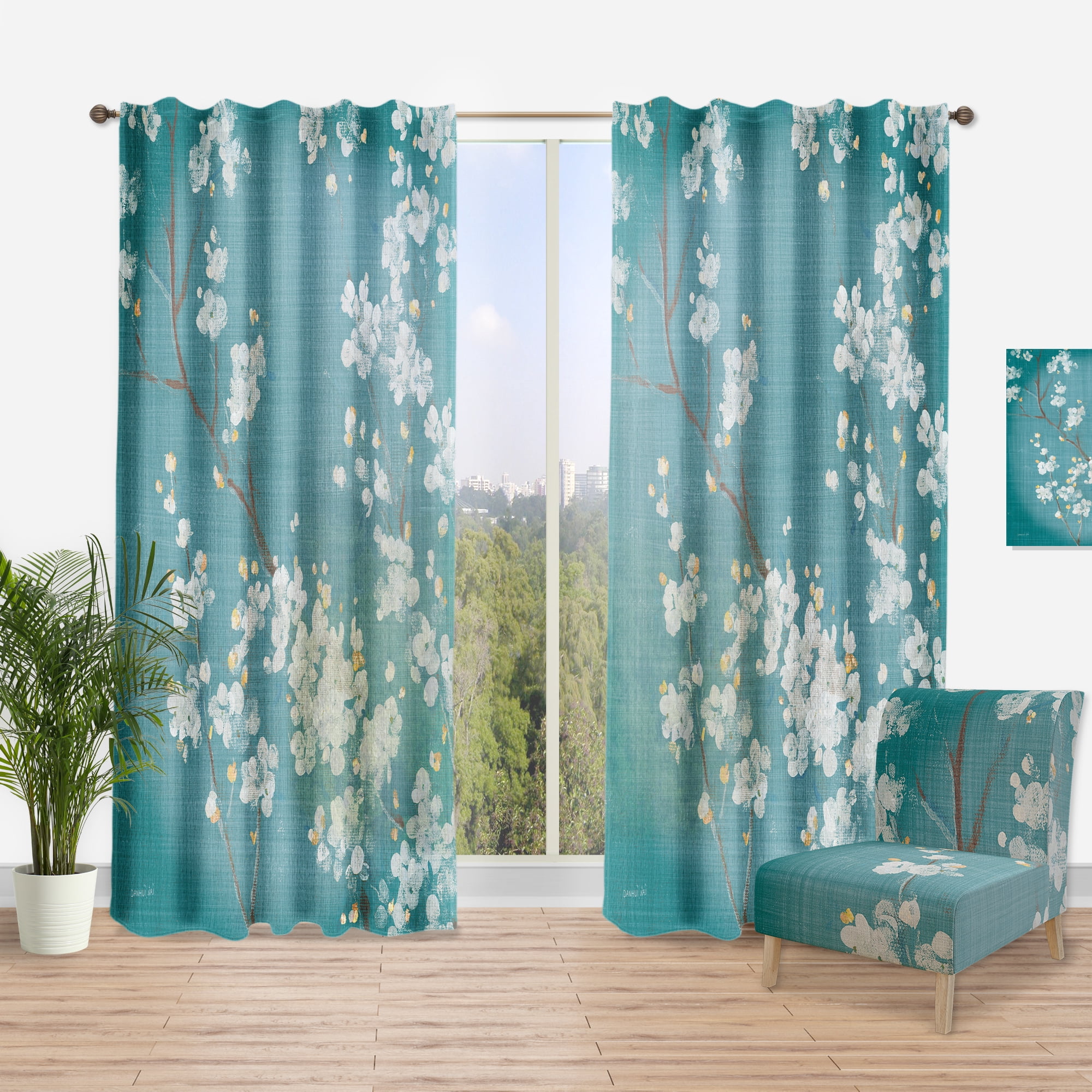 Designart 'Blue Cherry Blossoms Branches' Traditional Curtain Panel