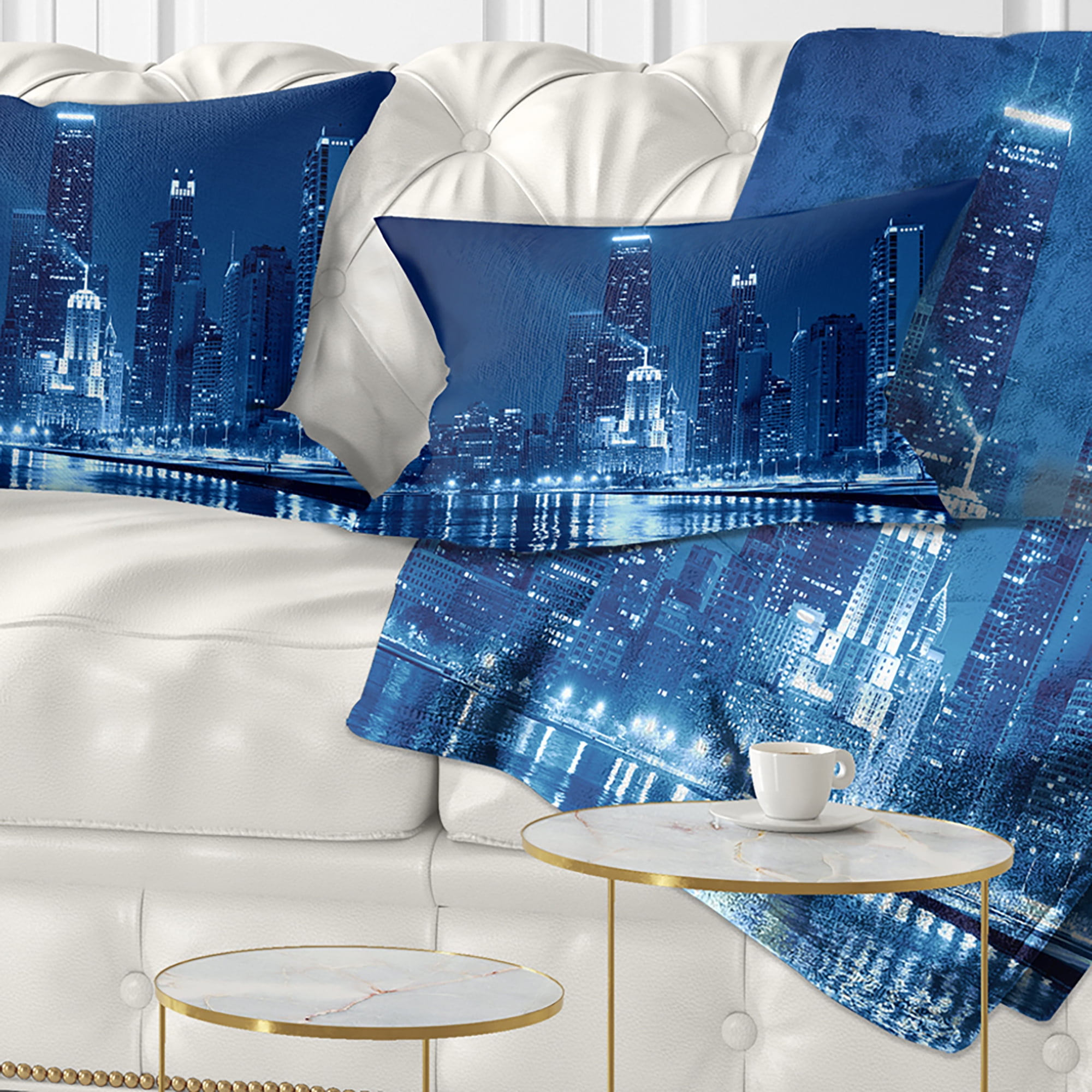 Designart Blue Chicago Skyline Night - Cityscape Photo Throw Pillow - 12x20