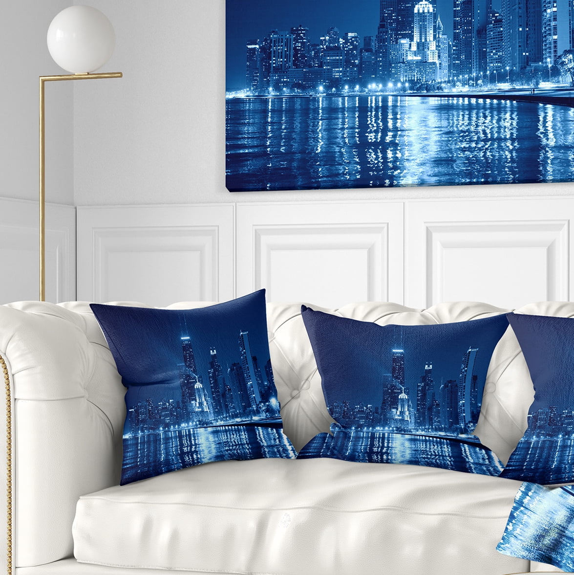 Designart Blue Chicago Skyline Night - Cityscape Photo Throw Pillow - 16x16