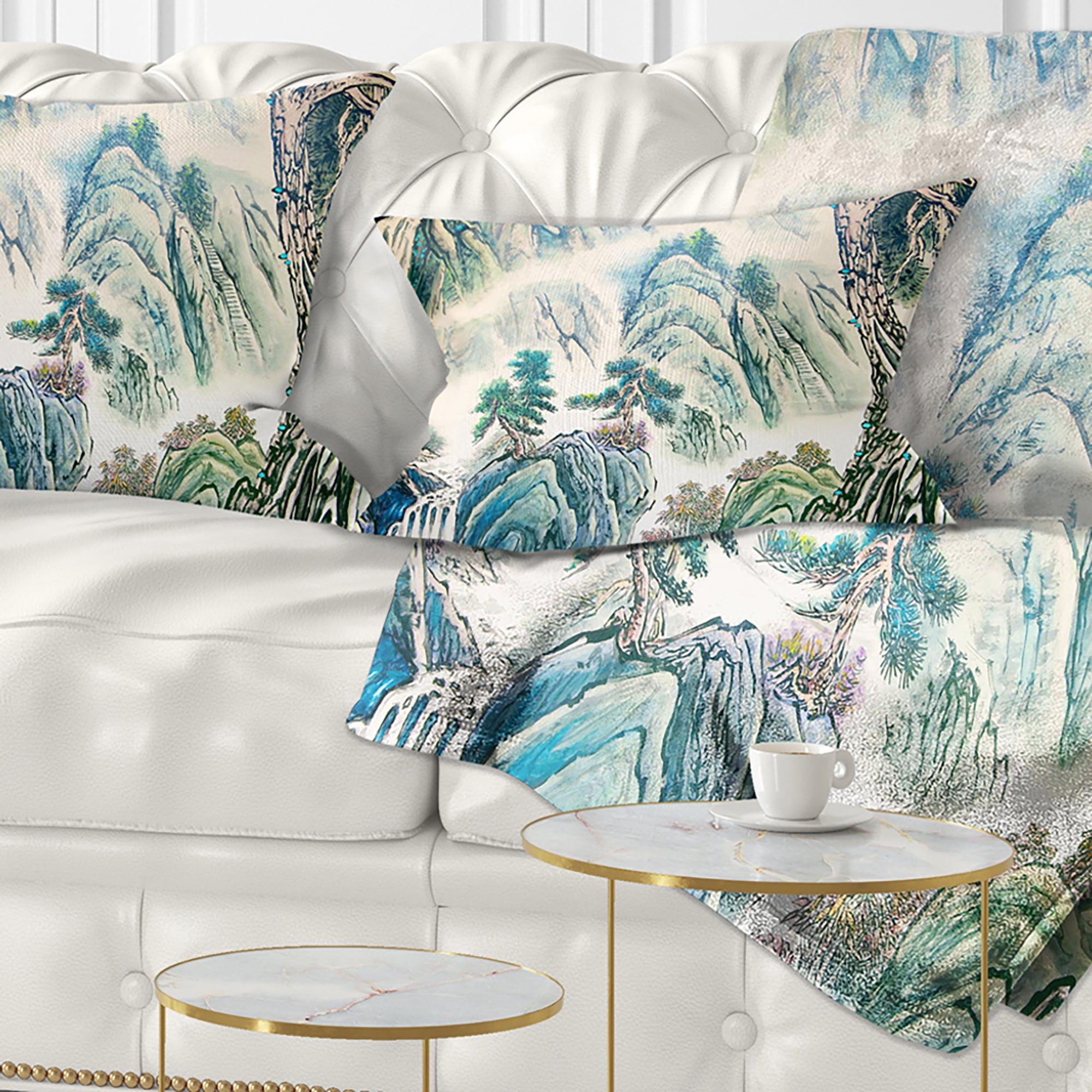 Designart Blue Chinese Landscape Painting - Floral Throw Pillow - 12x20