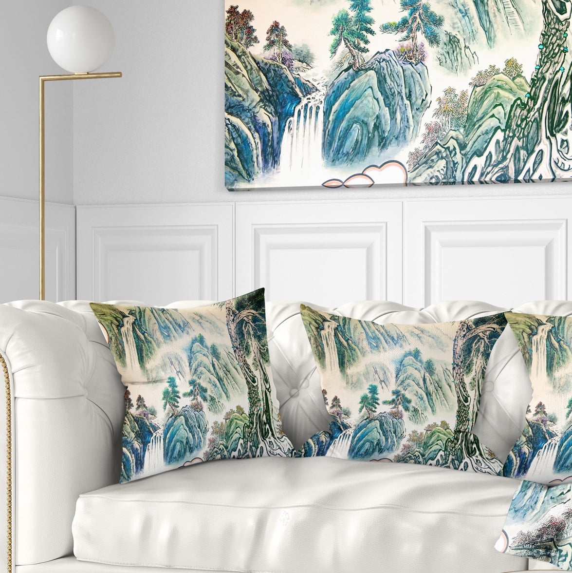 Designart Blue Chinese Landscape Painting - Floral Throw Pillow - 18x18