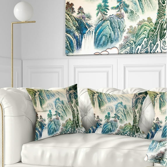 Designart Blue Chinese Landscape Painting - Floral Throw Pillow - 18x18