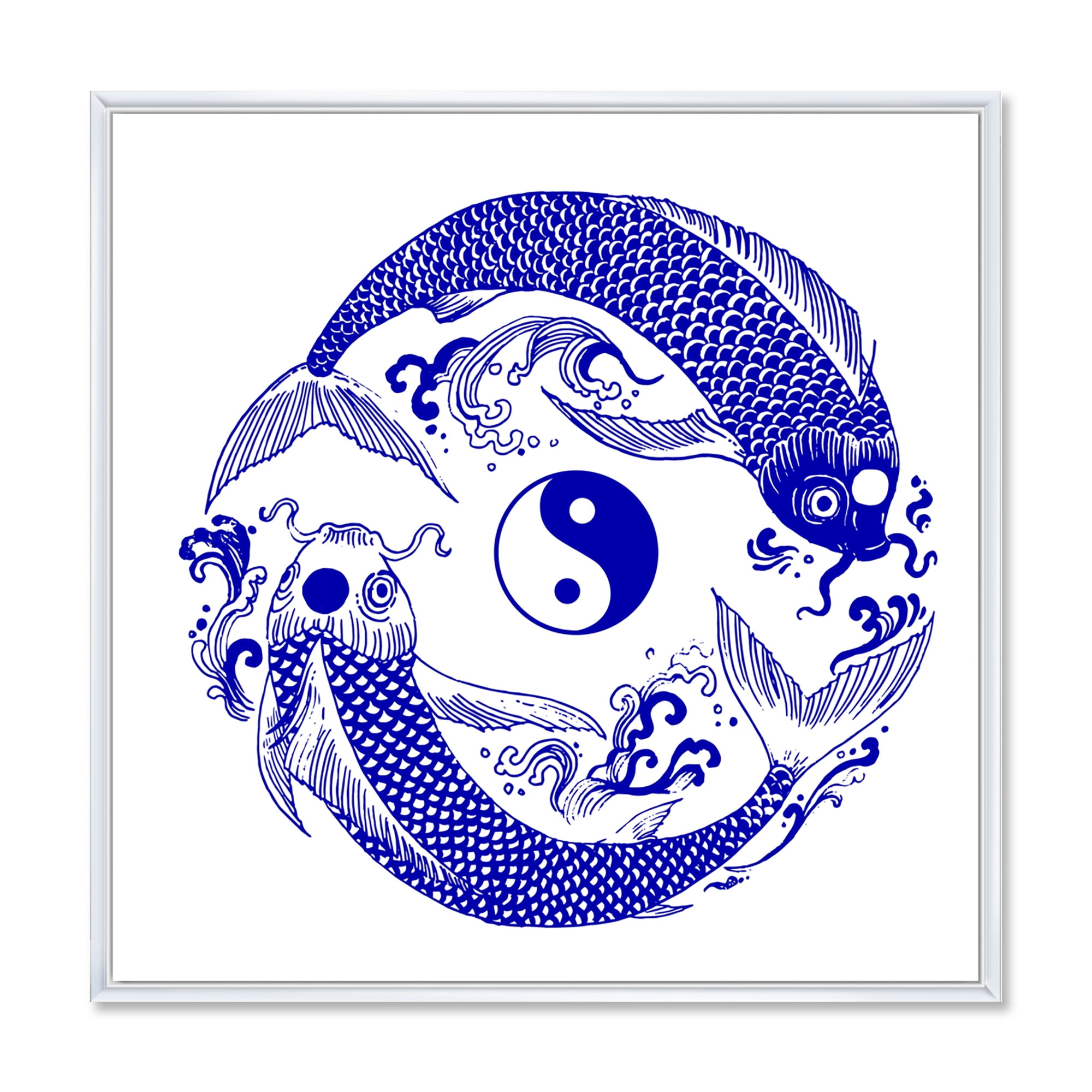 Designart 'Blue Chinoiserie Koi Fish II' Traditional Framed Canvas Wall Art Print