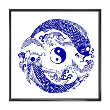 Designart 'Blue Chinoiserie Koi Fish II' Traditional Framed Canvas Wall Art Print