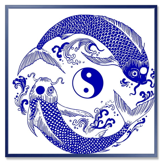 Designart 'Blue Chinoiserie Koi Fish II' Traditional Framed Canvas Wall Art Print