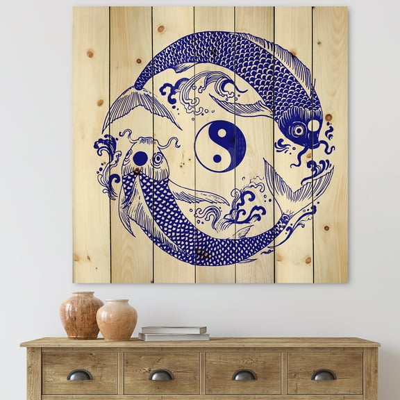 Designart 'Blue Chinoiserie Koi Fish II' Traditional Print on Natural Pine Wood