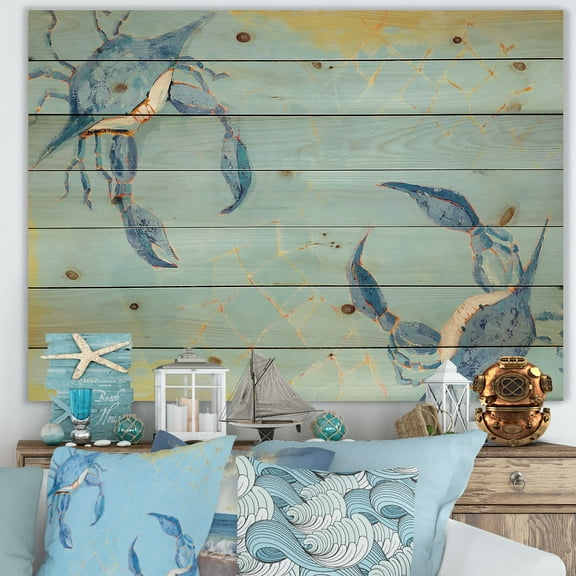 Designart 'Blue Coastal crab Battle' Nautical & Coastal Print on Natural Pine Wood