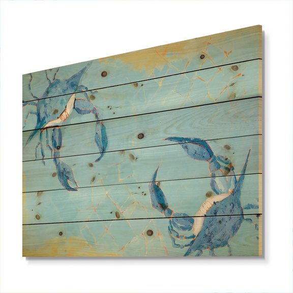 Designart 'Blue Coastal crab Battle' Nautical & Coastal Print on Natural Pine Wood