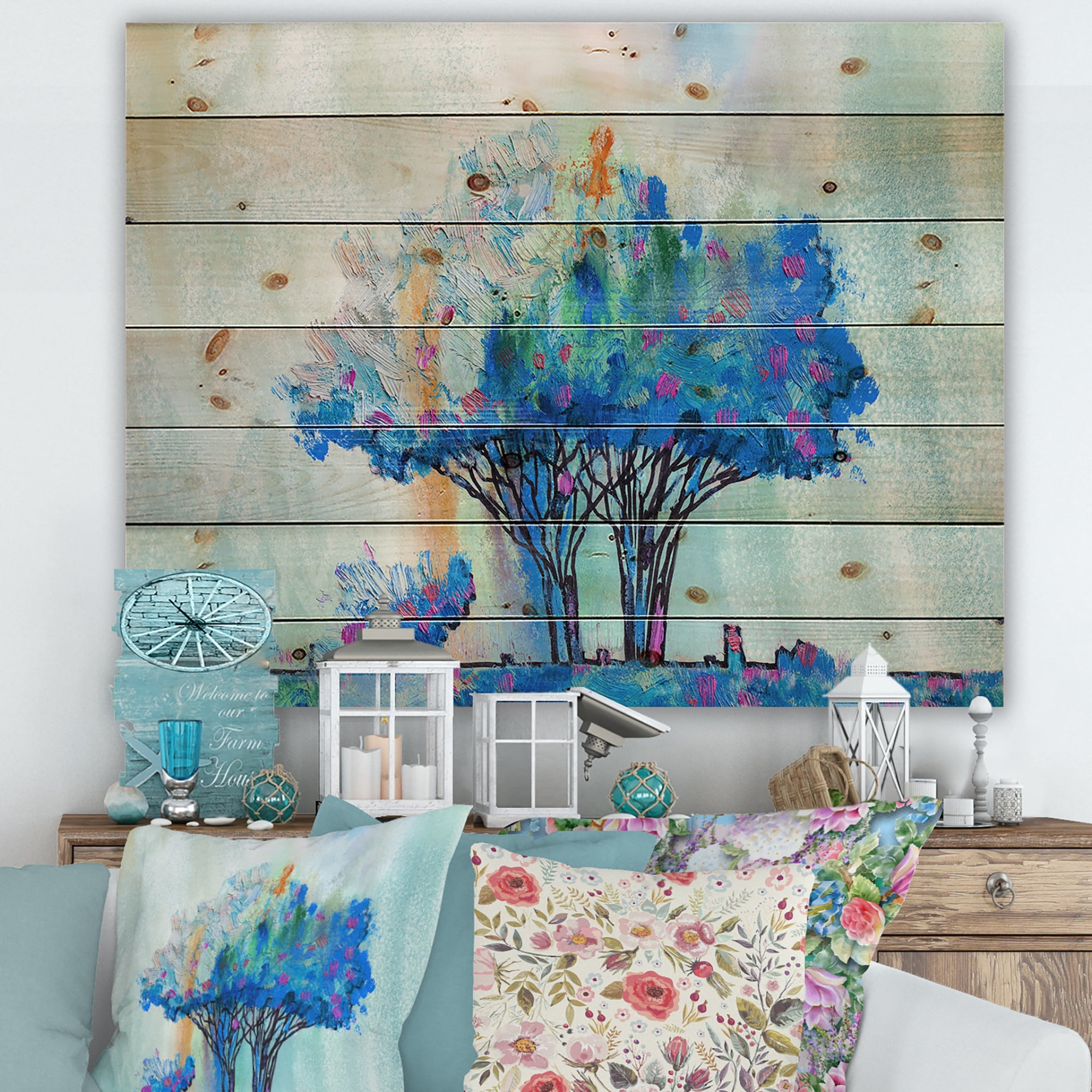 Designart 'Blue Coloured Tree Abstract Impression I' Modern Print on Natural Pine Wood