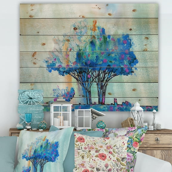 Designart 'Blue Coloured Tree Abstract Impression I' Modern Print on Natural Pine Wood
