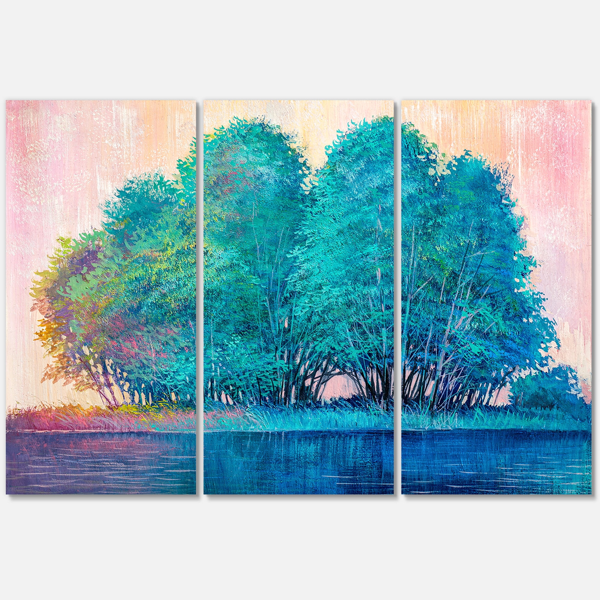 Designart ' Blue Coloured Tree Impression By Lakeside ' Lake House Canvas Wall Art Print